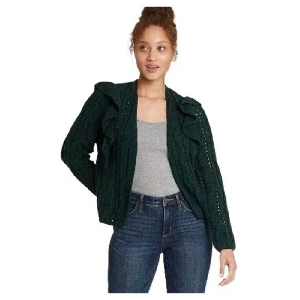 Universal Thread Womens Small Open Front Ruffle Trim Dark Green Cardigan Sweater